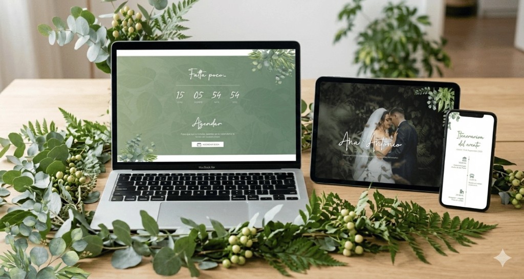Invitación digital de boda en portátil, tablet y teléfono